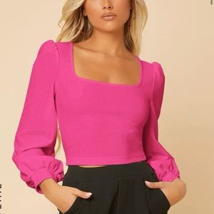 A2 - 143VHot pink square neck long lantern sleeve top petite size large